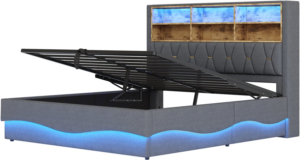 COVREO Gestoffeerd bed 180x200 cm - hydraulische opbergruimte, LED-verlichting, USB, grijs