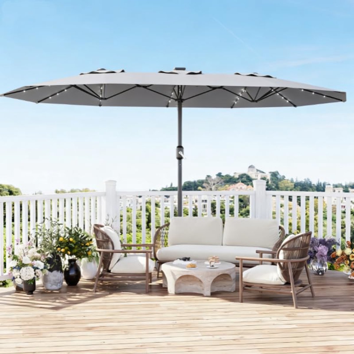 Parasol Groot Rechthoekig met Voet - 450x270cm - LED Verlichting - UV-bescherming - Windbestendig - Eenvoudige Montage - Buiten Marktparasol met Draaimechanisme en Basis, Grijs
