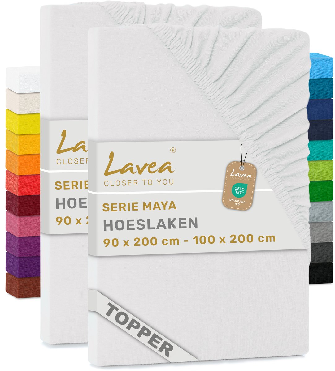 Lavea® Set van 2 Hoeslakens voor Topper 90x200cm - 100x200cm – 100% Katoen Jersey – voor Topper tot 10 cm – met Elastiek rondom – Wit