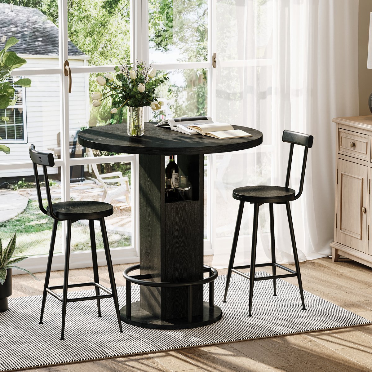 DESMIU Bartafelset - Ronde Tafel Met 2 Krukken En Opbergruimte - Voor Keuken Eethoek En Woonkamer - Spaanplaat En Staal - 80 Cm - Zwart