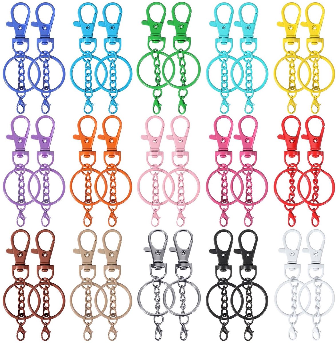 Dailygoods- Sleutelhangers Set van 30 Stuks - Karabijnhaken - Draaisluitingen - Zinklegering/IJzer - Knutselaccessoires - 15 Kleuren - Karabijnhaak