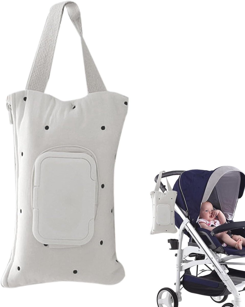 Zakdoekbox Kinderwagen - Servethouder Baby - Onderweg Hygiëne - Grote Capaciteit - 27 x 17 cm - Witte stippen