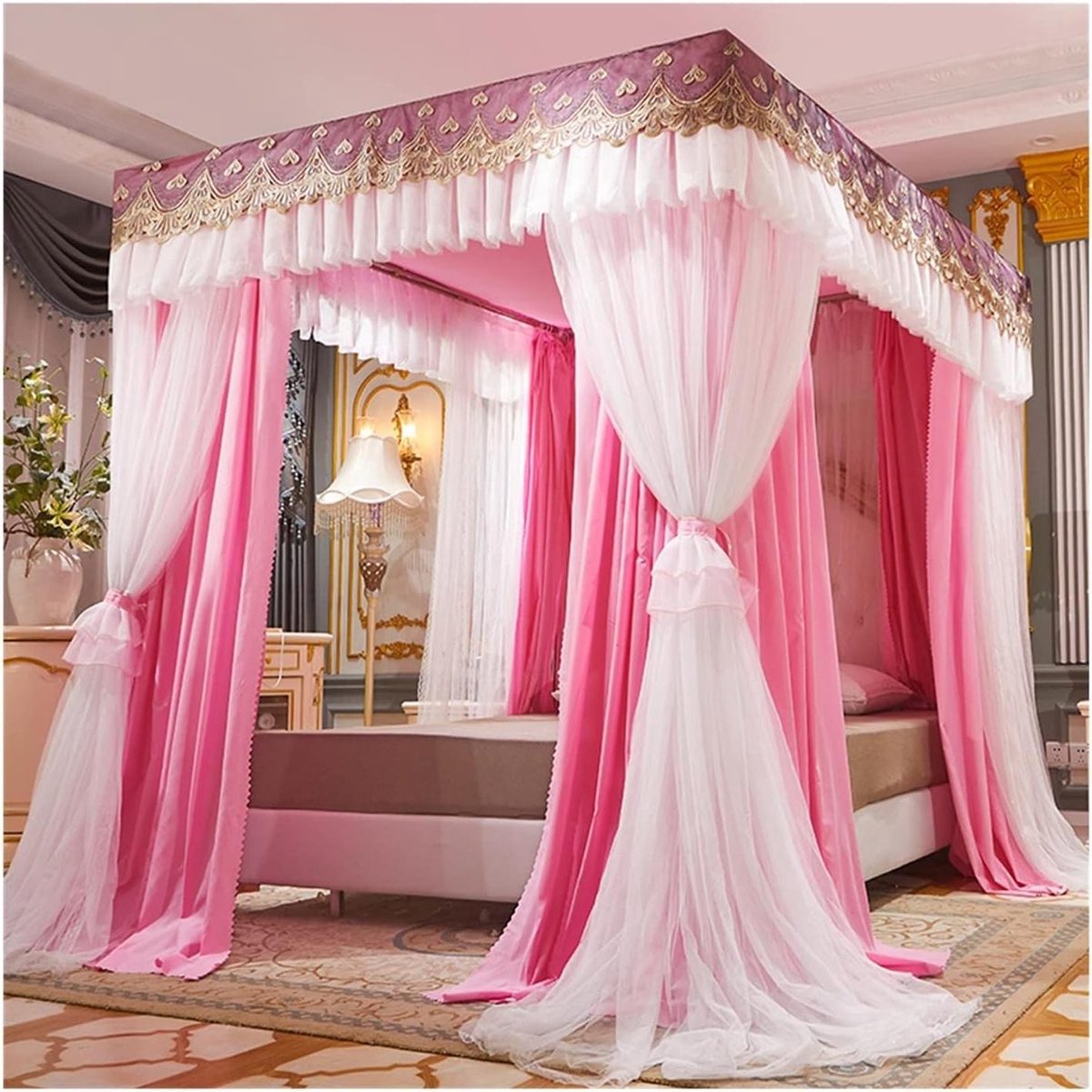 Bed Canopy - Hemelbed Gordijn - Slaapkamer Decoratie - 360° Muggenbescherming - 150x200x200cm - Roze