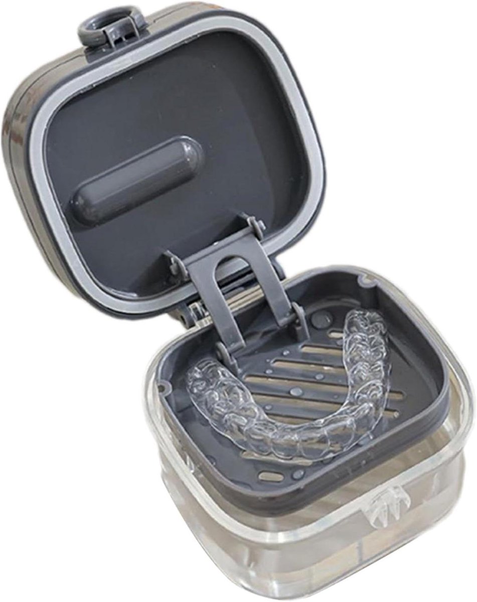 Kunstgebit Container - Gebit Badcontainer - Hygiënisch Gebit - Met Ingebouwde Spiegel - 8.2 x 10.2 x 8.2 cm - Grijs