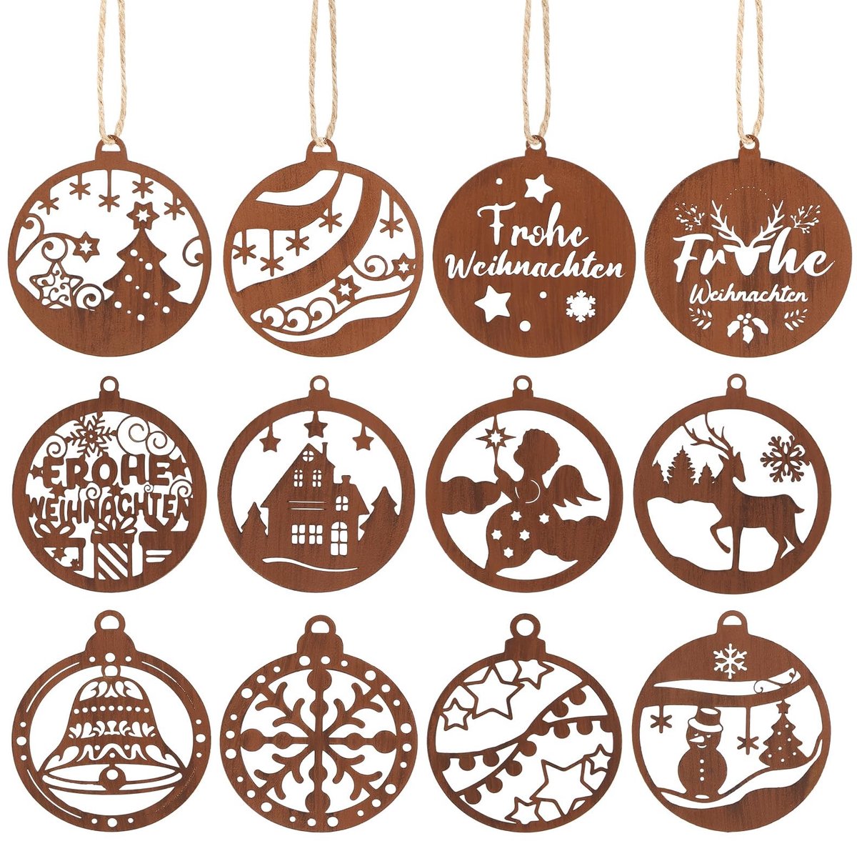 Dailygoods- Kerstboomversiering 12 stuks - Roestkleurige Kersthangers - Metaal - Sneeuwpop/Hert/Ster - Tuindecoratie/Raamdecoratie - 8 cm Diameter - Kerstdecoratie