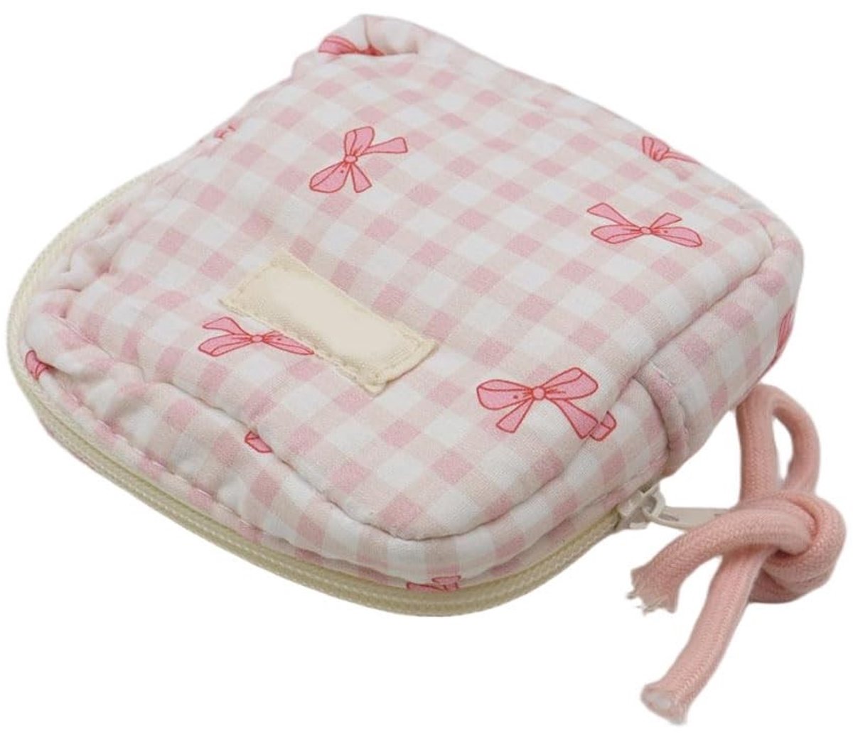 Dailygoods- Opbergtas Gewatteerd - Menstruatie Tas - Compact 11x11x4,5 cm - Voor 8-12 Pads - Draagbaar - Luxe Stof met Strik - Menstruatietas