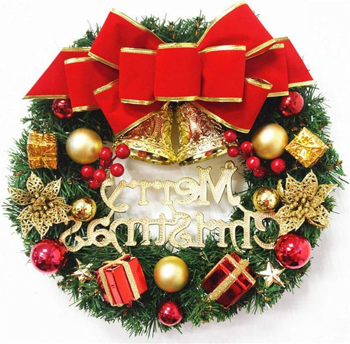 Herfstkrans Decoratie - Kerst Ornament - Feestdagen Versieren - Met Strik en Bellen - 30CM - Groen