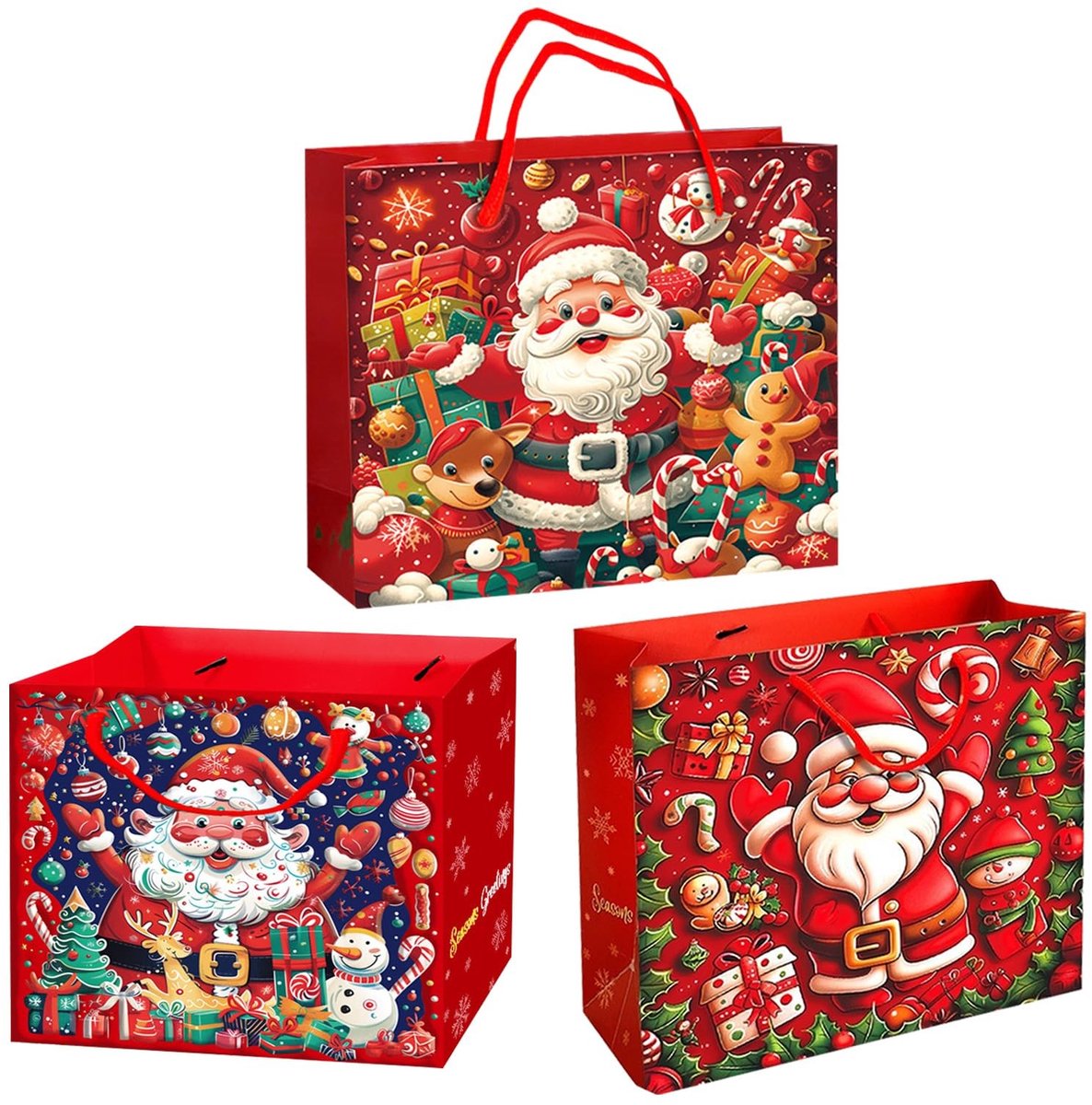 Dailygoods- Geschenkzakjes herbruikbaar - 3 stuks - Kerstcadeauzakjes - Cadeauzakjes papier - Rood - Afmetingen 26 x 11 x 20 cm - Cadeauzakje