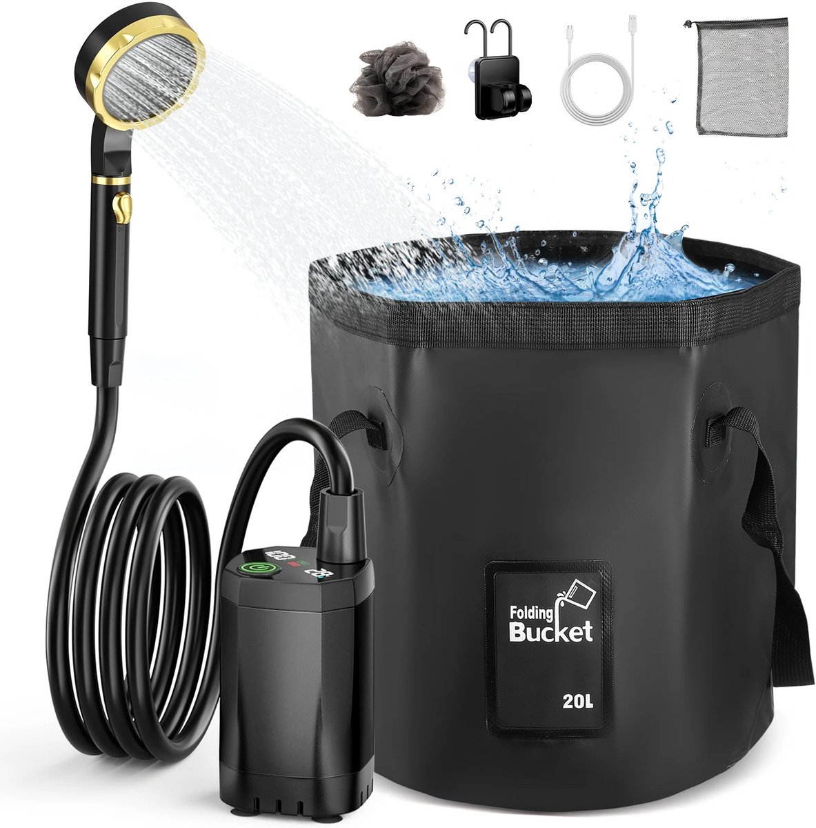 Velmio Luxe Draagbare Campingdouche - Kamperen én Glamping met Luxe Comfort - Camping - Douche - 6000mAh - Portable Shower - Festival - Kampeerdouche - 20L