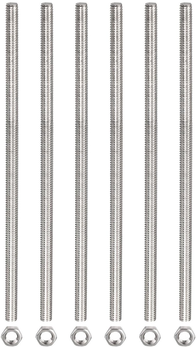 Dailygoods - Schroefdraadstang met 6 Zeskantmoeren van Roestvrij Staal M3 x 300 mm