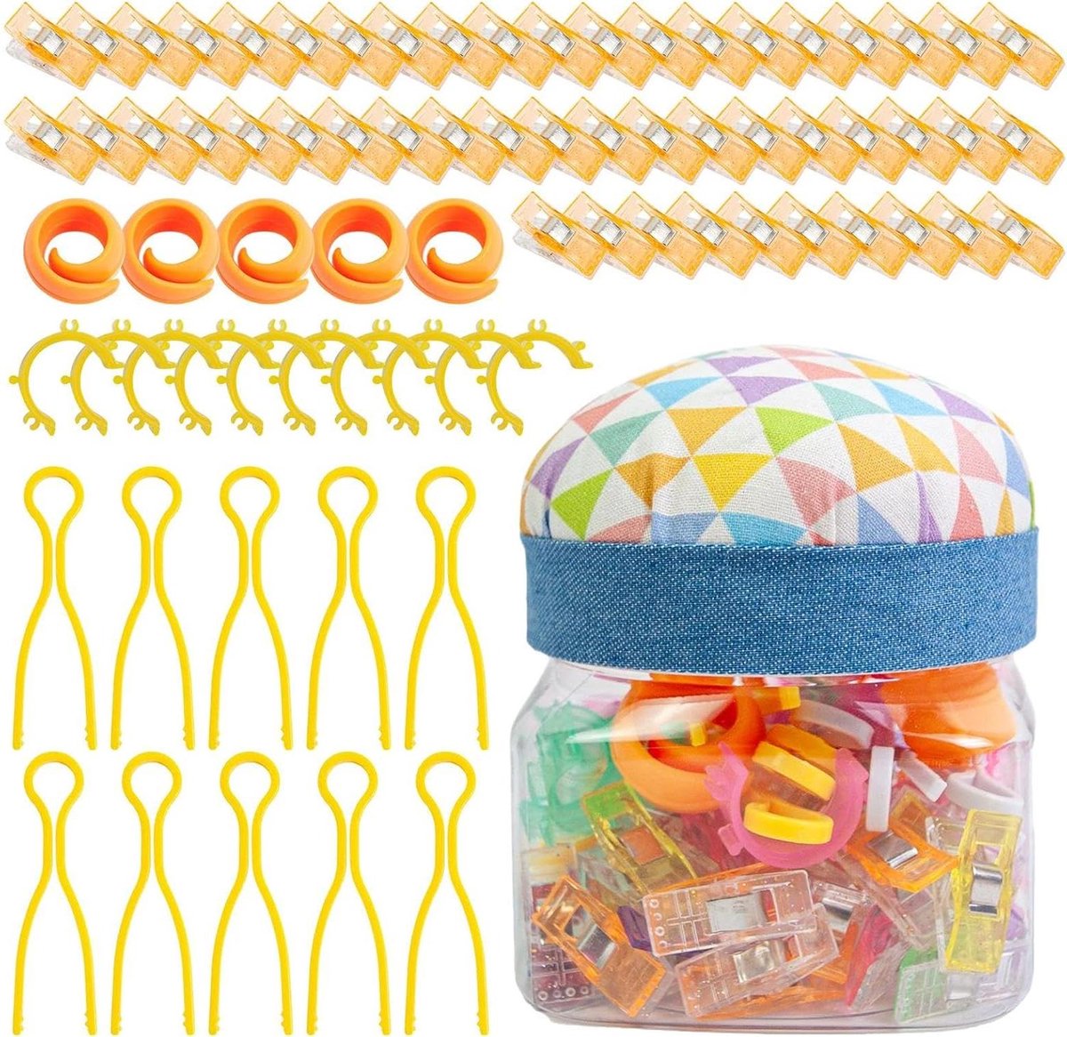 Naaiset Klemmen - Stofhouders Spoelen - Handwerk Organiseren - Inclusief Speldenkussen - 76 Delig - Multicolor