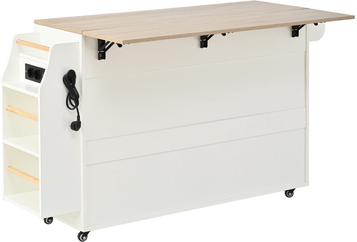 Merax Verrijdbaar Keukeneiland Met Uitschuifbaar Werkblad - Keukenkast Met Stopcontacten - USB - Afvalbakvak - Lade En Opbergruimte - Wit En Houtlook - 120 x 40-70 x 90 cm