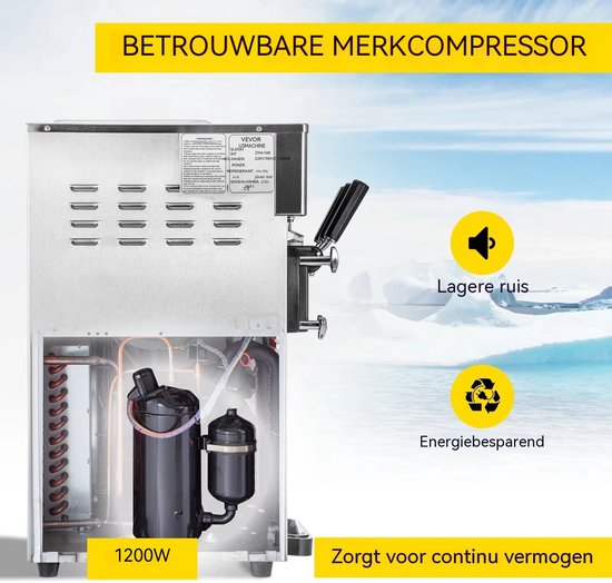 VEVOR Softijsmachine - Commerciële ijsmachine - 2 x 3 L trechters - 3 smaken - 18 L per uur - LCD bediening - Horeca en thuis - 220 V - Rvs van Vevor — afbeelding 3