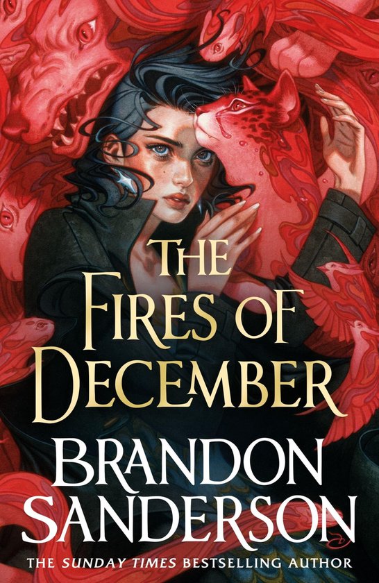Couverture du livre 'The Fires of December' par Brandon Sanderson. Une jeune femme aux cheveux sombres est entourée d'êtres animaux et d'oiseaux rouges.