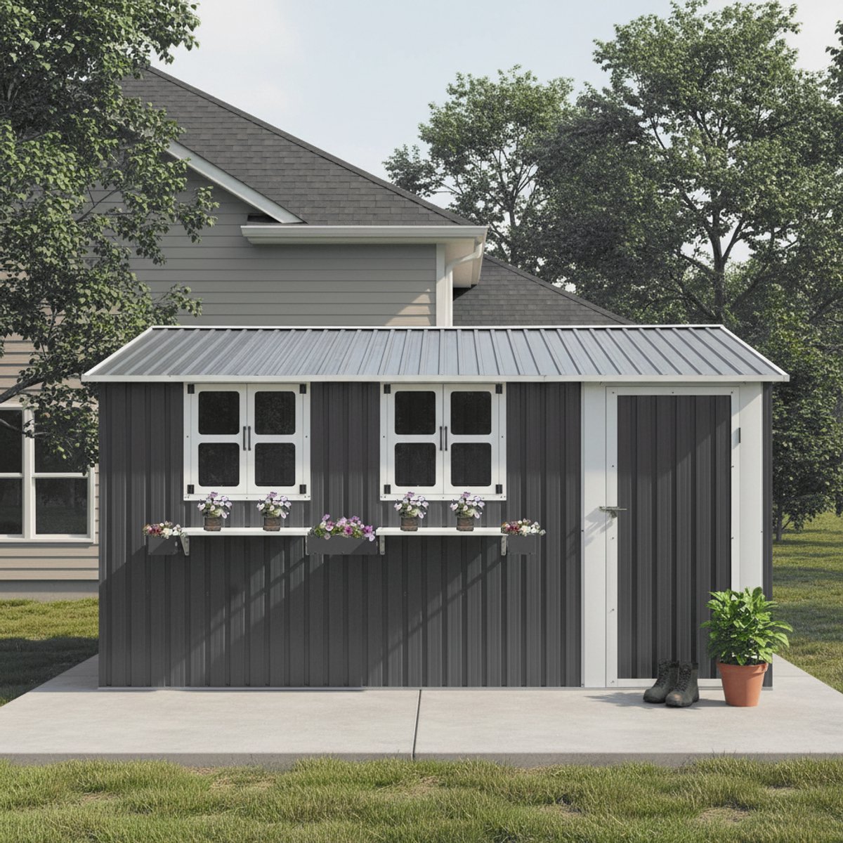 Multifunctionele tuinhuis - Metaal Gereedschapsschuur - Tuinhuis met Schuin Dak - 359 x 284 x 204 cm - Outdoor Tuinopslag - Weerbestendig - Met drie ramen - Voor Achtertuin, Terras en Grasveld - Grijs