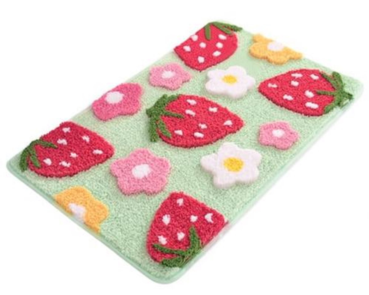 BILMU Groene Badmat Aardbeien – Antislip Badkamertapijt – Zachte Microvezel – Absorberend – Wasbaar – 45 x 65 cm