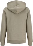 Achterkant van een olijfgroene hoodie met capuchon, lange mouwen en een elastische zoom.