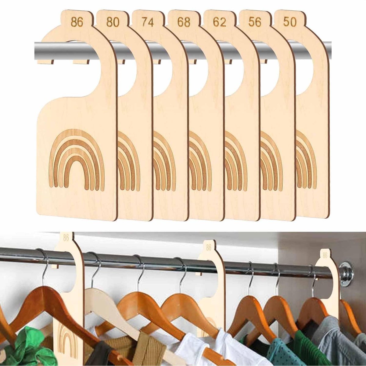 Dailygoods- Maatverdelers 7 Stuks - Houten Babymaatverdelers - Confectiematen 50-86 - Kledingkast Sorteren - Babykledingorganizer - Kinderkamerdecoraties - Kledingorganizer