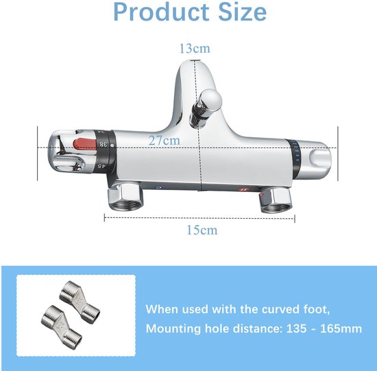 Afmetingen van de thermostatische douchekraan: 27cm breed, 13cm hoog, 15cm diep. Inclusief afstand van montagegaten.