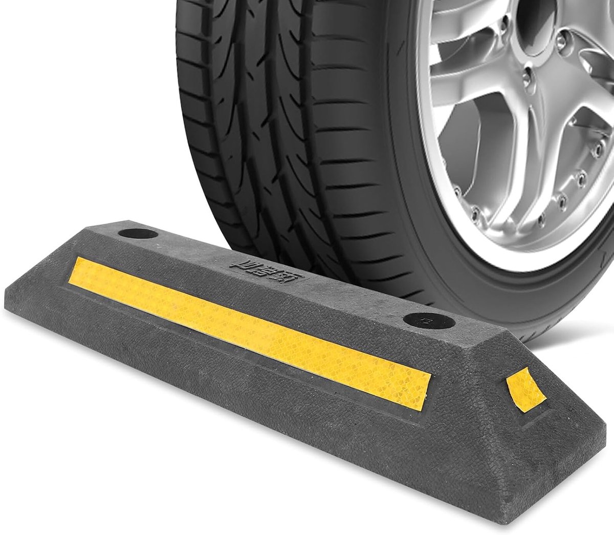 Rubberen Parkeerstopper - Parkeerhulp Wielstop - Veilig Parkeren - Met Reflecterende Tape - 48 x 14 cm - Zwart
