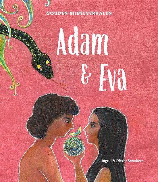 Illustratie van een slang die boven Adam en Eva hangt, met de tekst 'Gouden Bijbelverhalen Adam & Eva'.