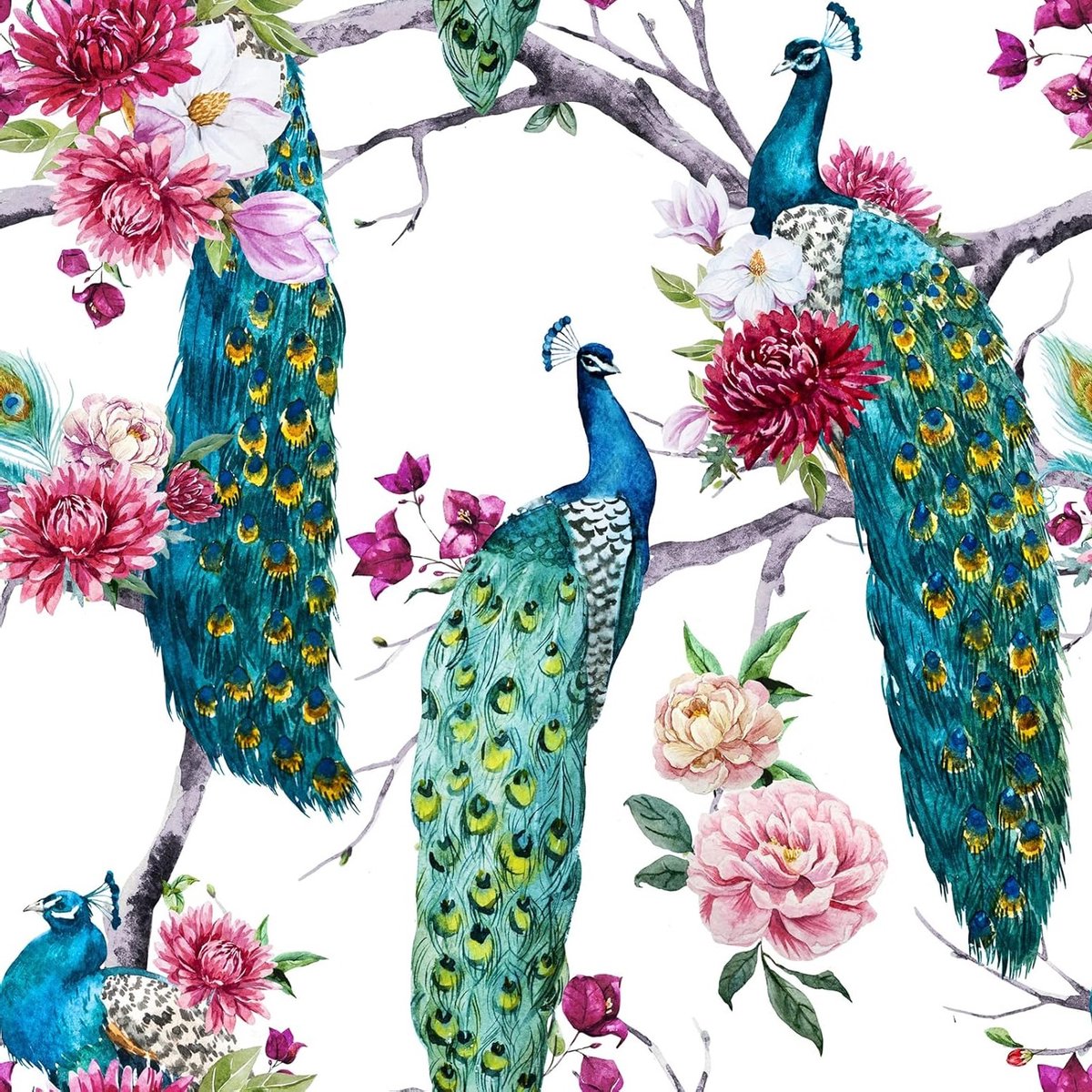 Zelfklevend Behang met Pauwenbloemen - Fleurige Wanddecoratie voor Slaapkamer, Woonkamer en Kinderen - Wit, Roze en Groen 44,5 cm x 3 m