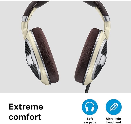Crème koptelefoon met bruine fluwelen oorkussens en hoofdband voor extreem comfort.