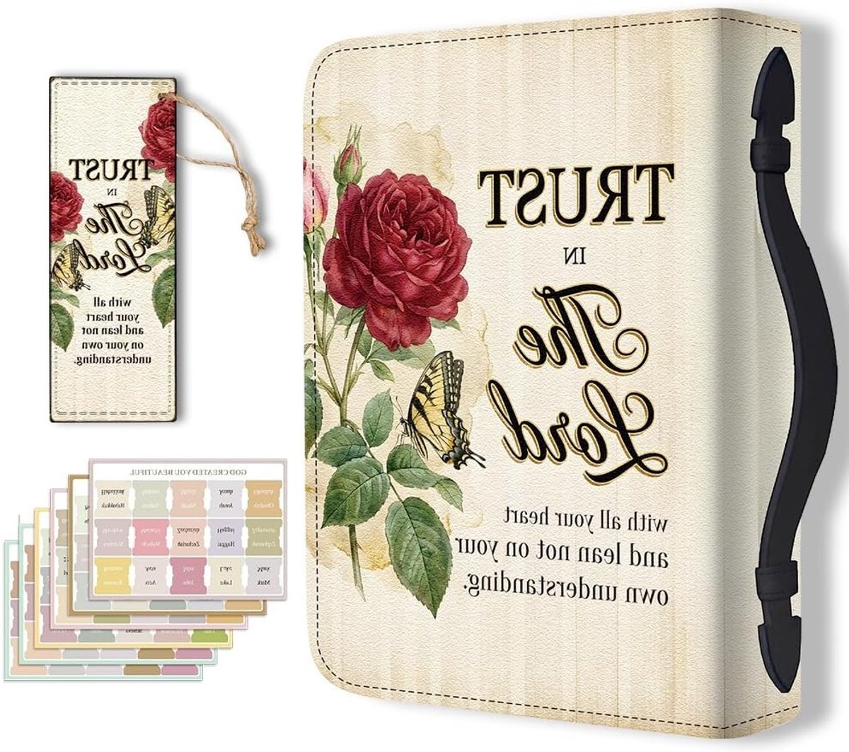 Beschermende Bijbelhouder met Handvat en Bookmark - Zipper Cover voor Studenten en Volwassenen, Ideaal voor School en Kantoor, Rood PU