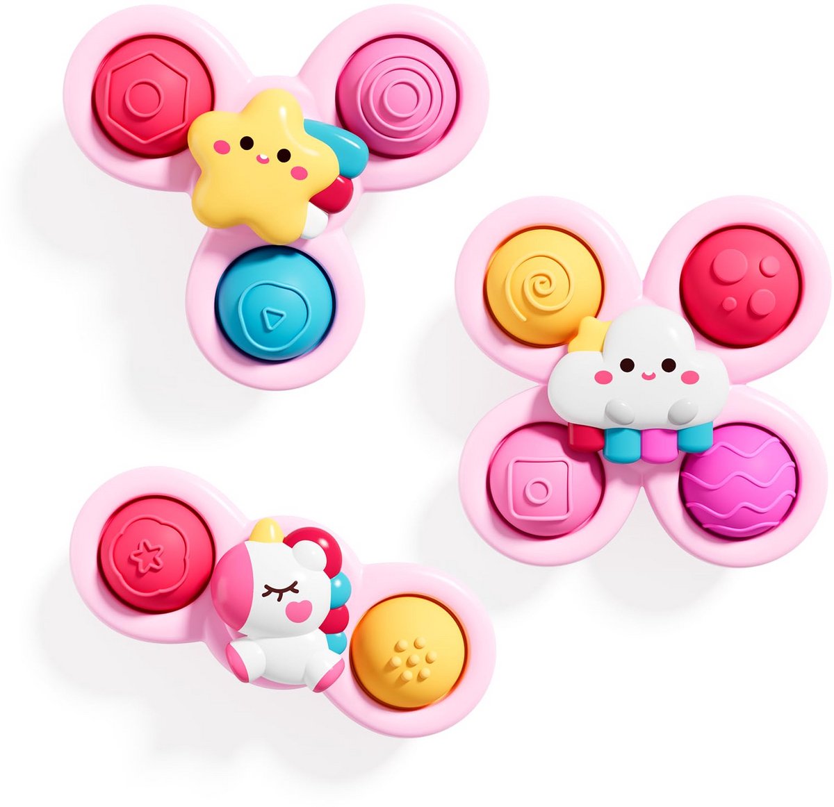 VONKELIOS® 3 stuks Pop-zuignap draaitol - Zintuiglijk bad- en reisspeelgoed - Verjaardagscadeau voor baby's en peuters 1 tot 3 jaar