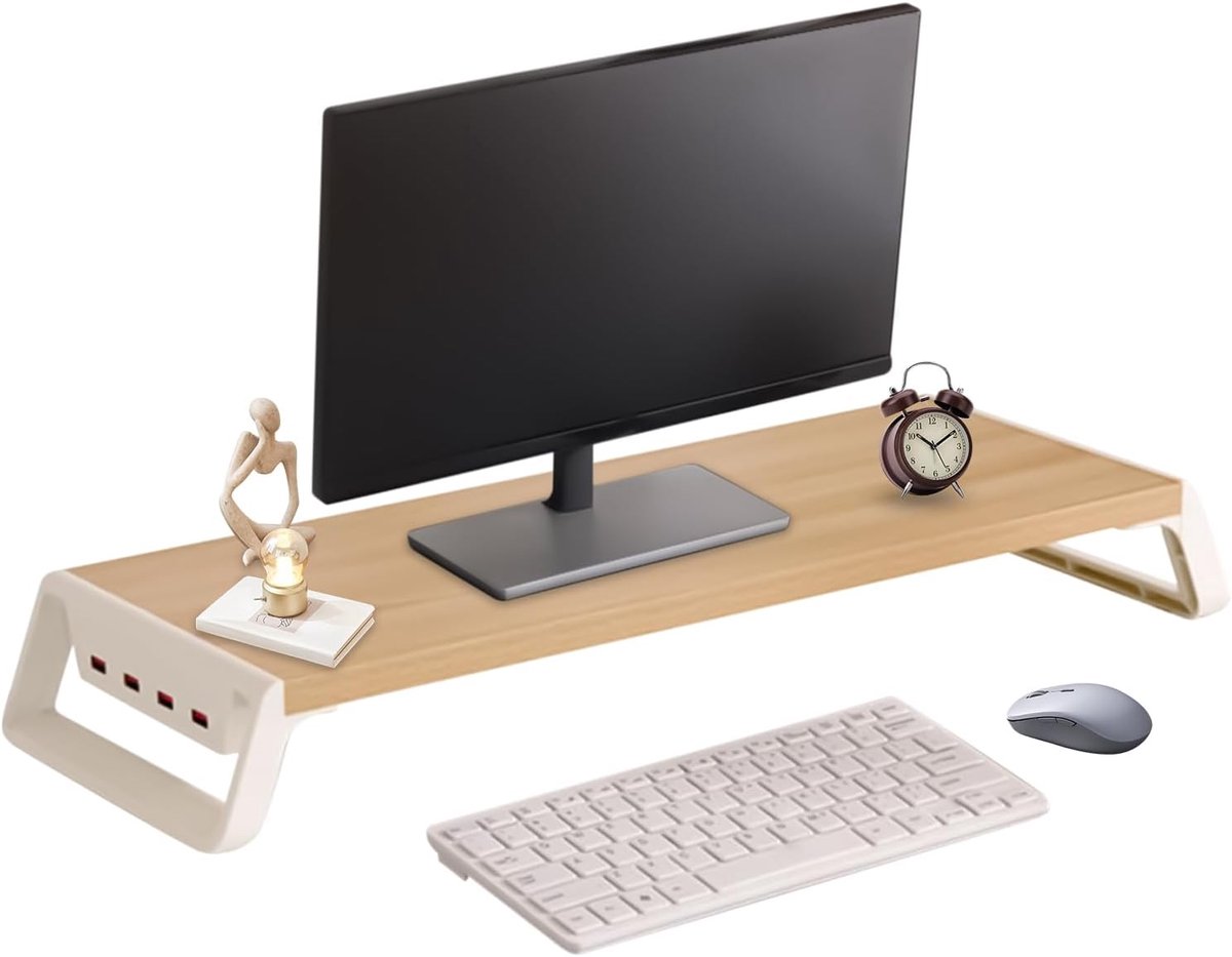 Monitor Verhoger - Bureau Organizer - Werkplek Verbeteren - Met 4 USB-poorten - 50 x 20 cm - Houtkleur met Wit