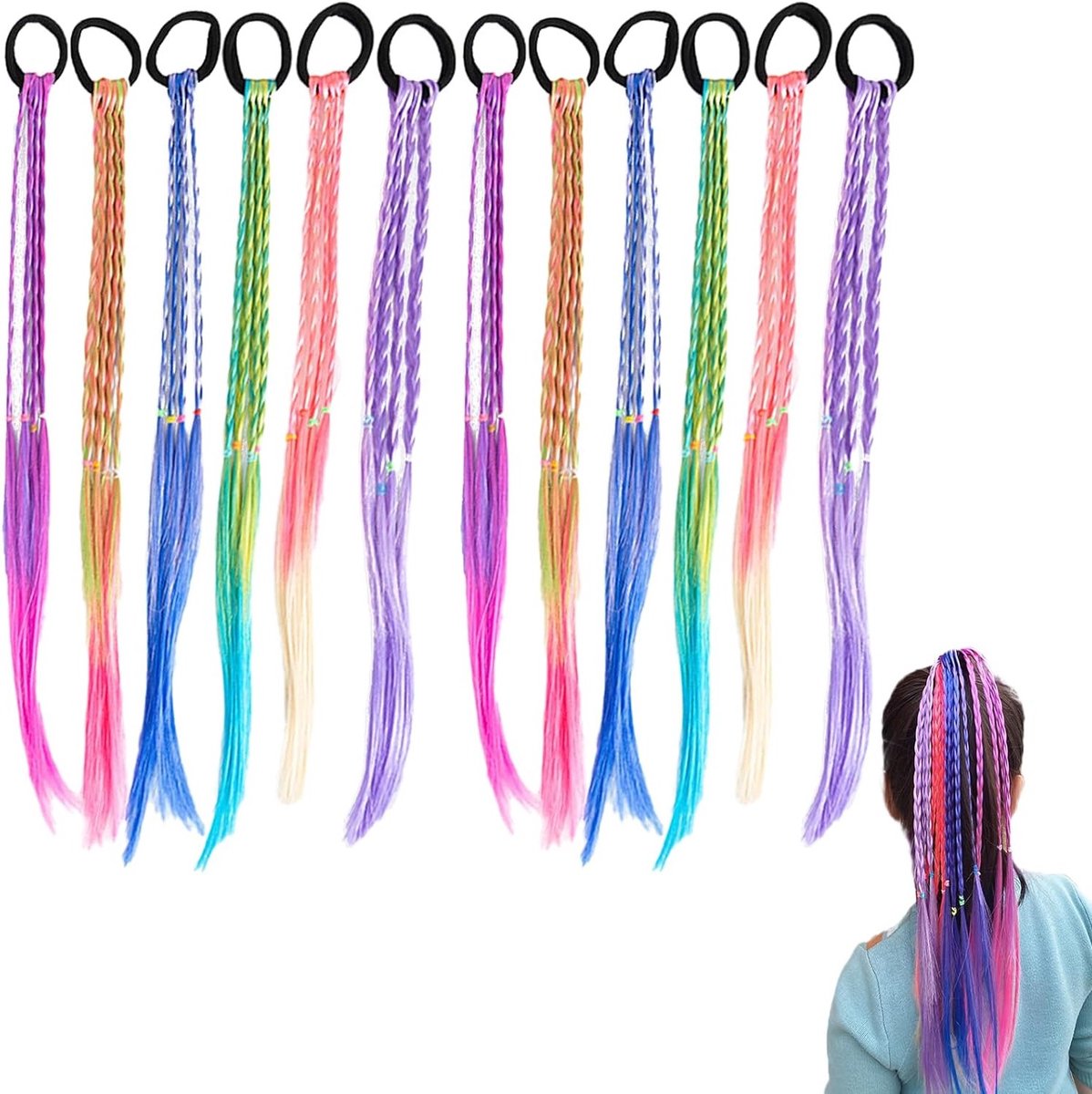 Kleurige haarstrengen voor meisjes - 12 stuks in 6 verschillende kleuren, ideaal voor feestjes en festivals, trendy haaraccessoires voor kinderen