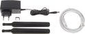 Accessoires voor TP-Link router: stroomadapter, twee antennes, RJ45-kabel en SIM-kaart houder.