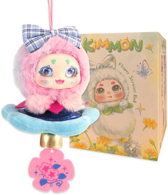 Kimmon 'Flower Stream Bell' pop met roze pluizige capuchon, blauwe glitterbasis en roze bloembel, naast de productdoos.