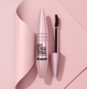 Roze mascara verpakking met deksel en kwastje op een roze lint.
