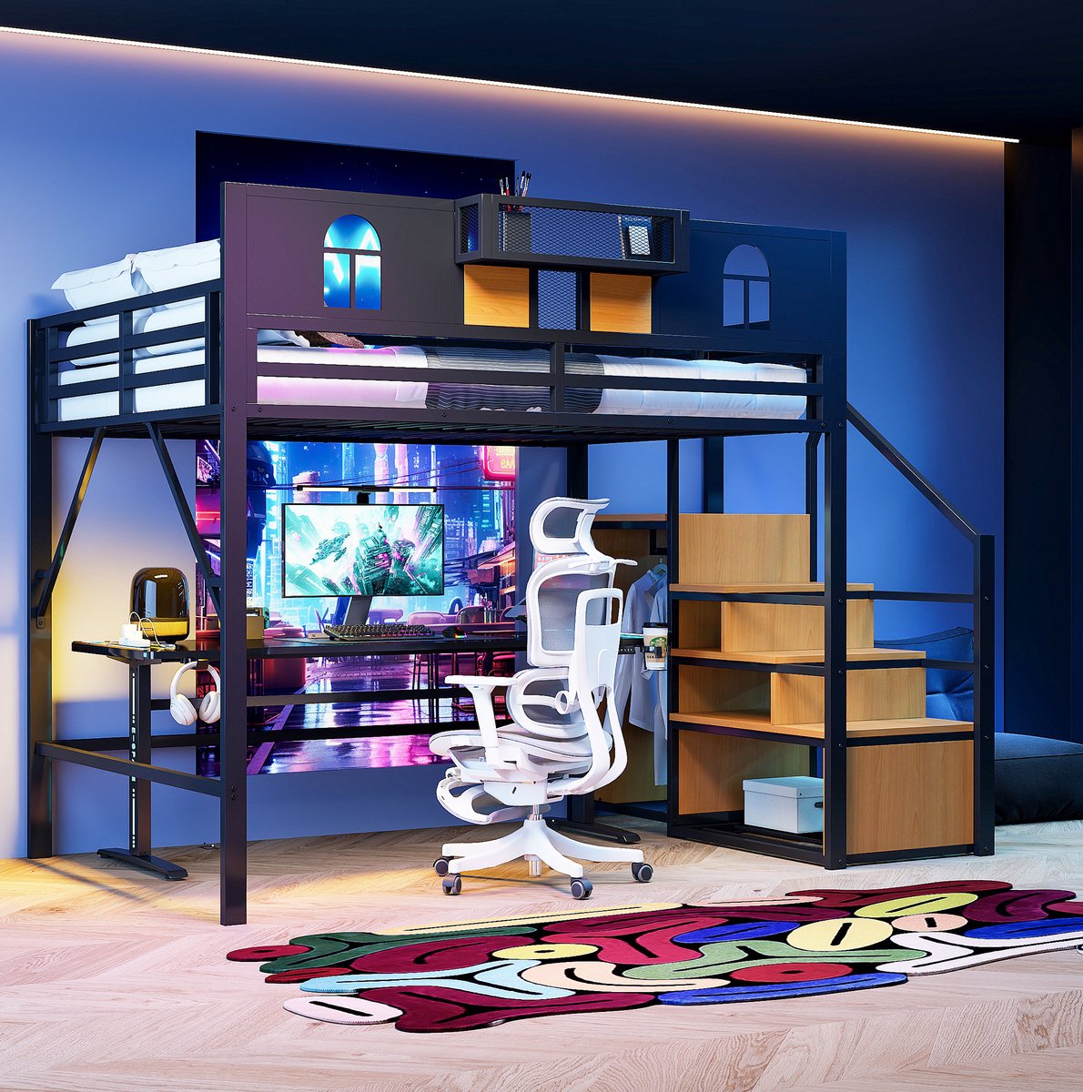 MEUNIQ Hoogslaper 140 x 200 cm met opbergtrap, open ruimte onder bed, bedplank, verhoogde bedhekken en metalen frame voor slaapkamer, zwart