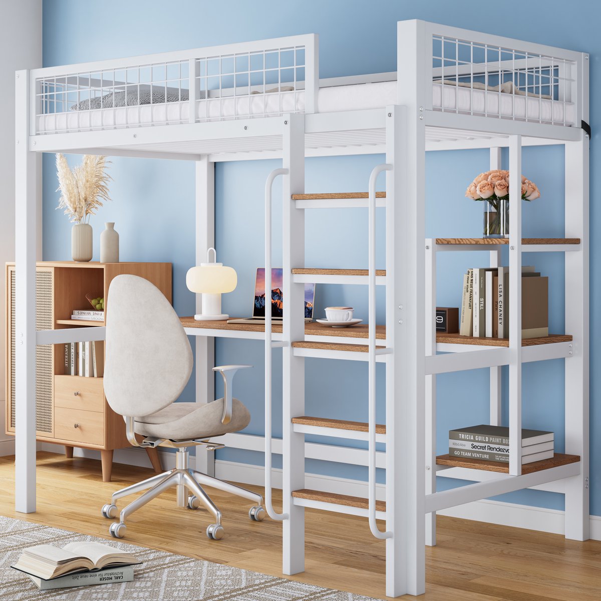 MEUNIQ hoogslaper 90x200 cm met bureau en opbergplanken, metalen bedframe met 5-treeds ladder en uitvalbeveiliging voor kinderkamer, wit en naturel
