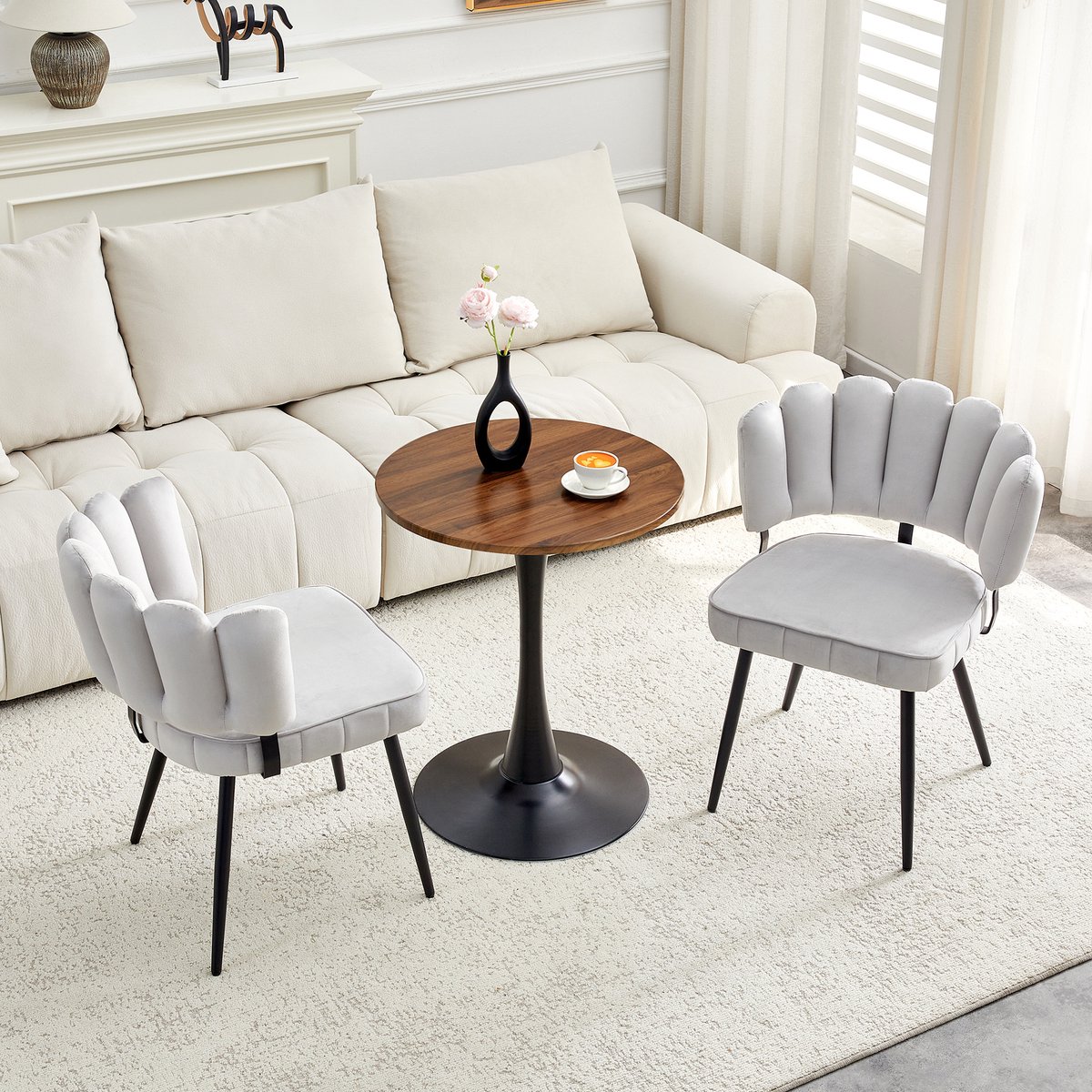 HAUSS SPOLE Set Tafel En Stoelen - Ronde Eettafel Met 2 Eetkamerstoelen - Bloemblad Rugleuning En Stabiele Middenvoet - MDF Lichtgrijs