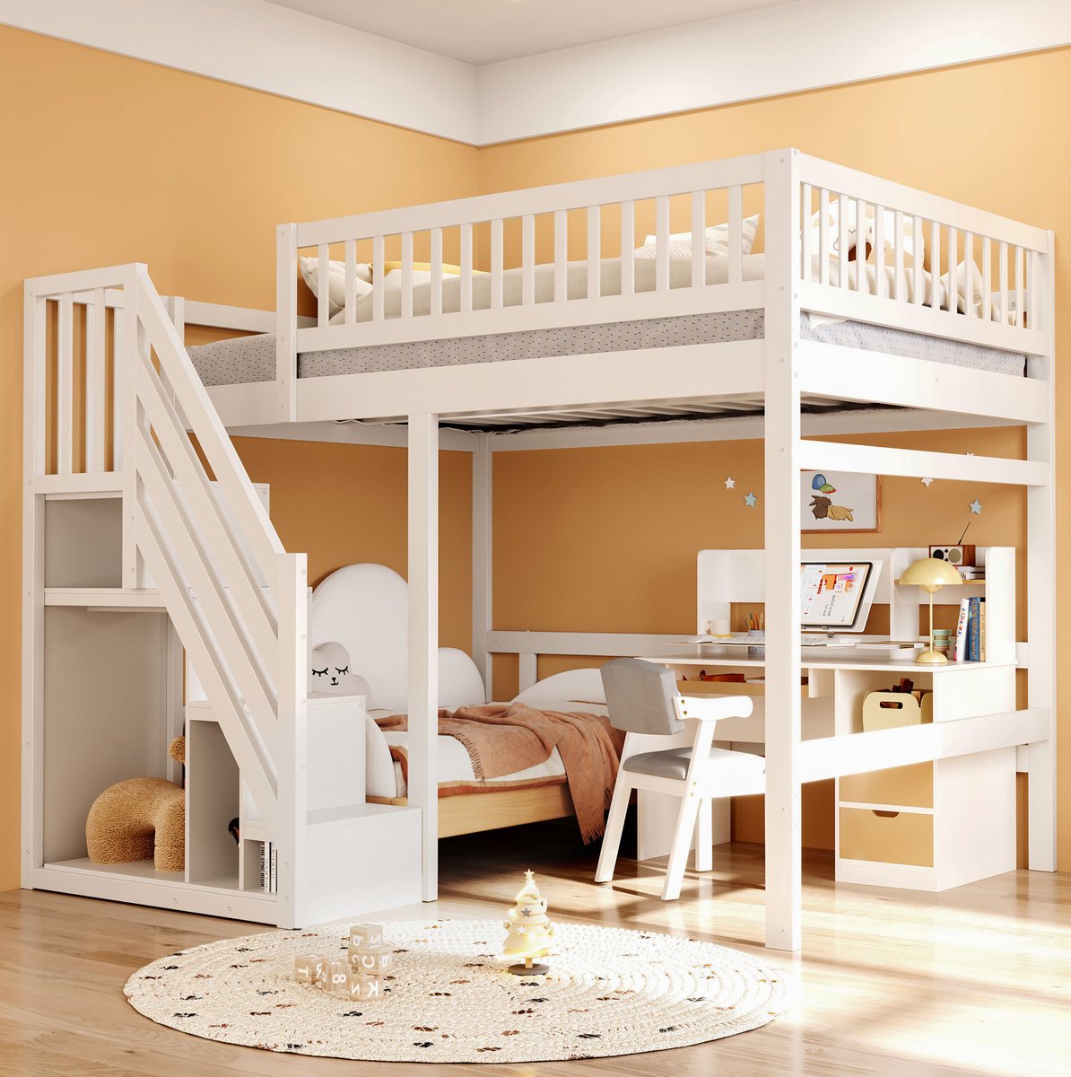 MEUNIQ hoogslaper 140x200 cm met opbergtrap en hoge bedomranding, houten bedframe voor kinderkamer of jeugdkamer, 205x192x173 cm, wit