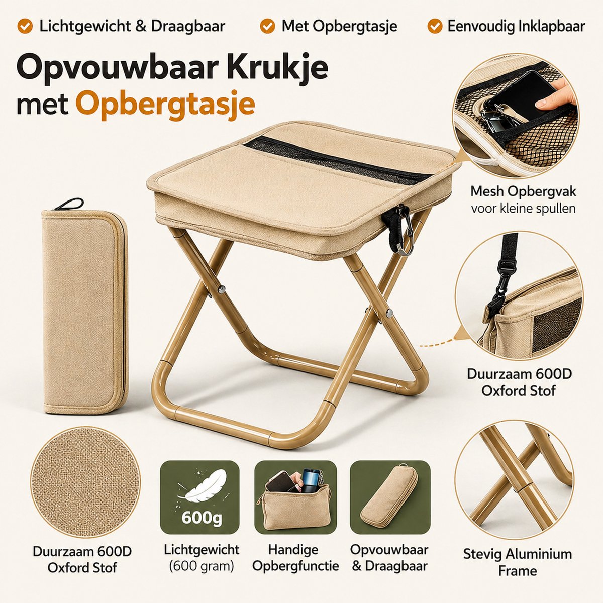 Heuts Goods - Mini Campingstoel - Vouwstoel - Campingstoel Opvouwbaar - Strandstoel - Kampeerstoel - Makkelijk Draagbaar - Inklapbaar - Lichtgewicht - Beige — cadeau in Sport & Outdoor - foto 4