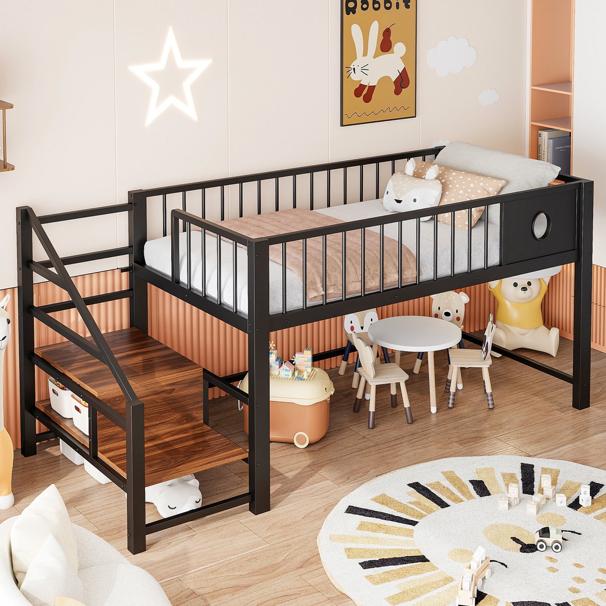 MEUNIQ halfhoogslaper 90 x 200 cm met opbergladder en opbergruimte onder bed, metalen kinderbed voor kinderkamer, matras niet inbegrepen, zwart