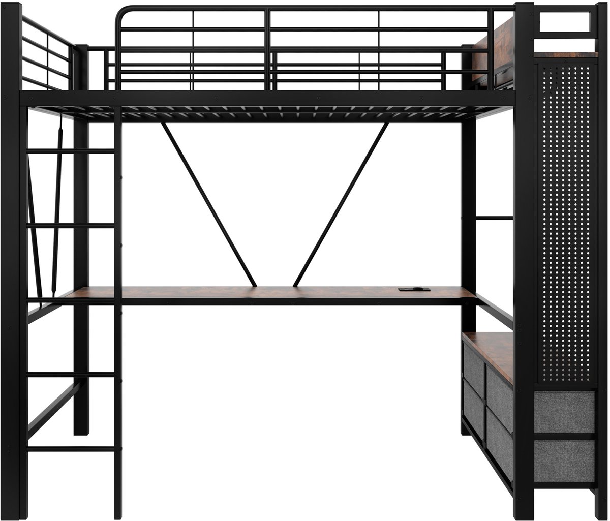 MEUNIQ Hoogslaper 90 x 200 cm met bureau, 4 lades, opbergrek, ladder, LED en USB/TYPE-C, metalen frame met MDF, slaapkamer, zwart