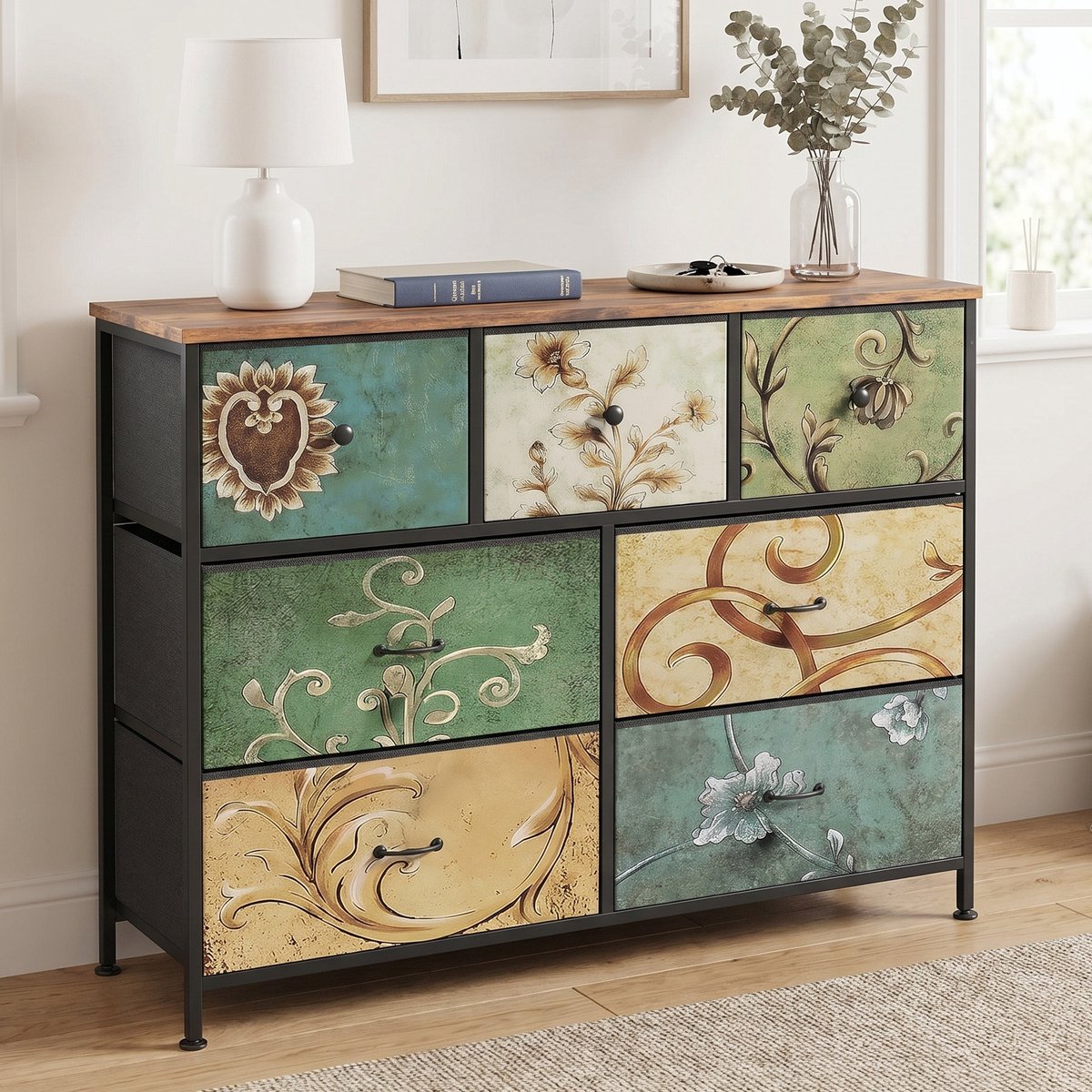 Ladekast - 100x30x78 cm - Opbergkast met 7 stoffen lades - metalen frame - Vintage Stijl - Veelkleurig