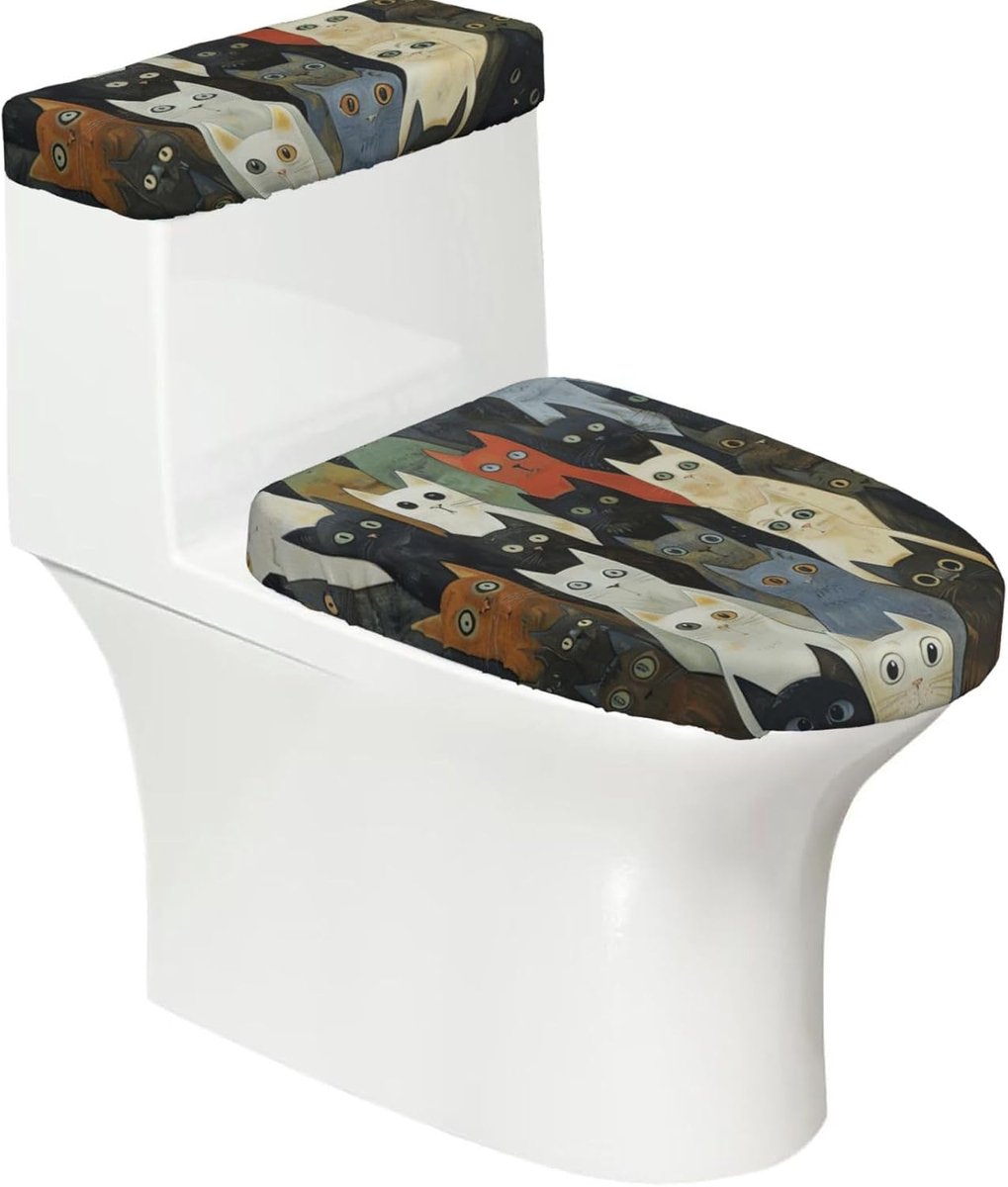 Toiletdekselhoezen Set - Badkamerhoezen - Decoratief - Kattenprint Design - 2 Delig - Zwart