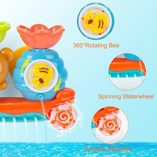 COOAU - Beer Bij Boot Waterval Bad Speelgoed voor Peuters - Zuignap Wandmontage Badkuip Waterspeelgoed met Wateruitloop & Roterend Wiel - Interactieve Sprinkler Douche Zintuiglijk Speelgoed Cadeau voor Baby Jongens Meisjes 1-6 Jaar van Cooau — afbeelding 4