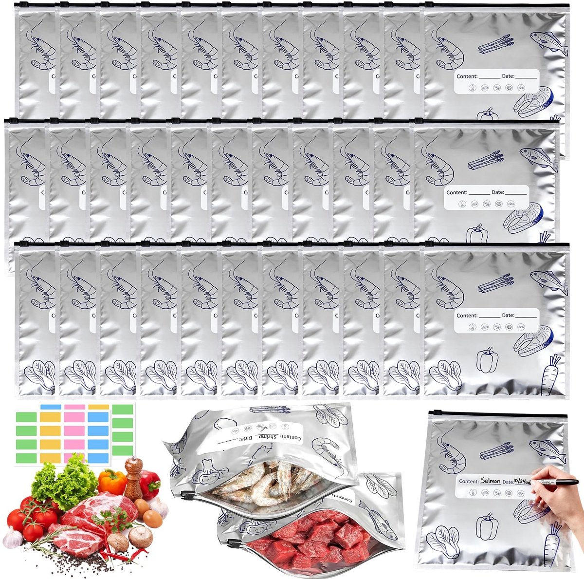 Dailygoods - 30 Stuks Grote Vrieszakken met Ritssluiting - Herbruikbare Aluminiumfolie Zakken