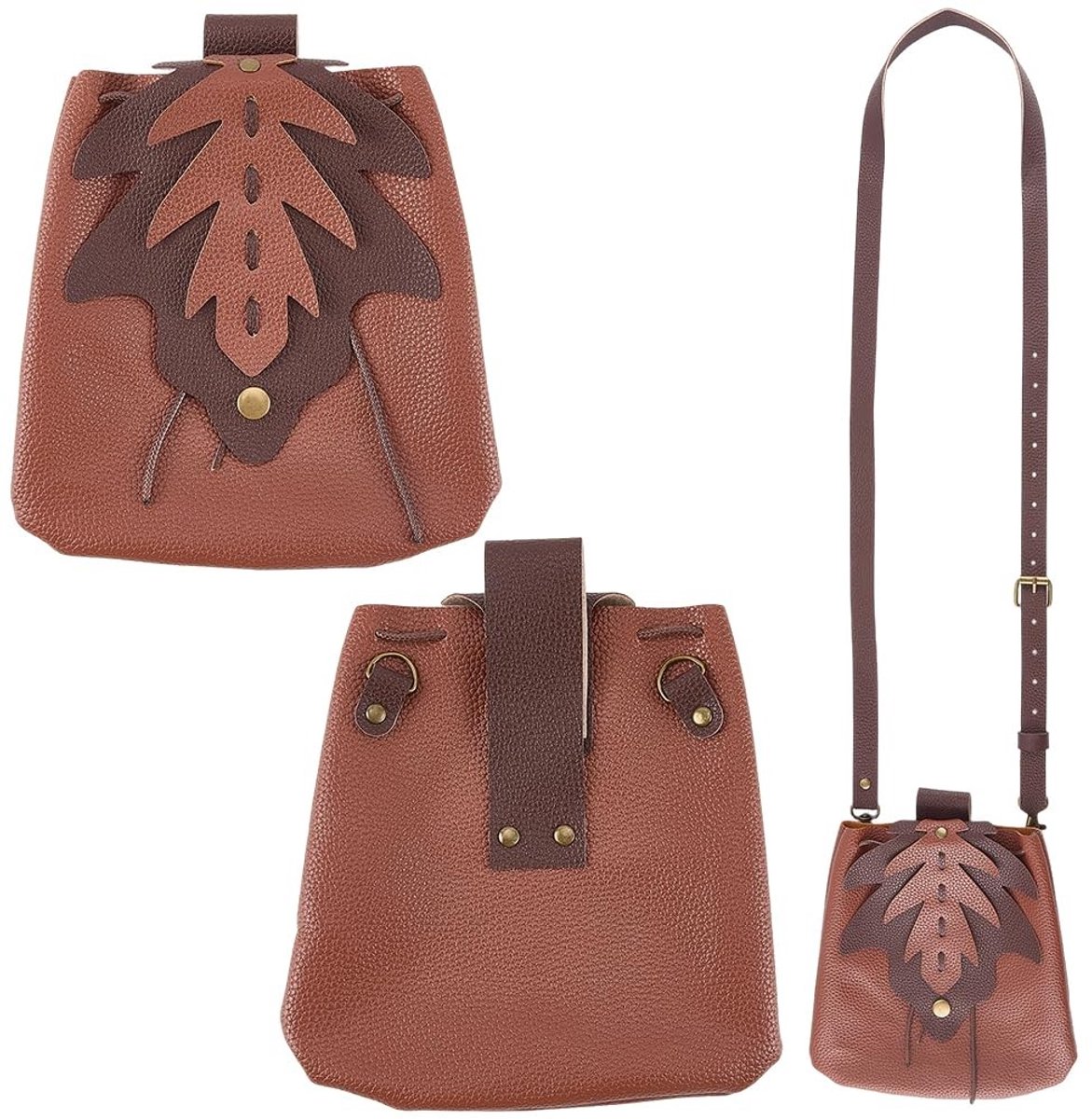 Dailygoods - Middeleeuwse blad PU-lederen draaibare crossbody-tas bruin lederen middeleeuwen schoudertas draagbare vintage renaissance Viking riemtas tas voor Halloween LARP Ren Faire