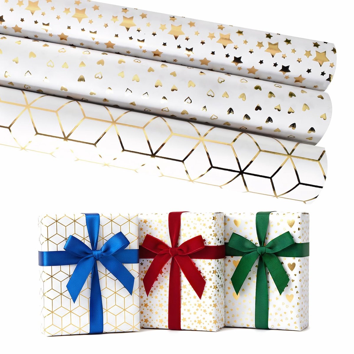 Dailygoods - 3 rollen cadeaupapier, cadeaupapierset met sticker en cadeaukaart, 43 cm x 3 m, luxe goudfolie cadeaupapier, rol, recyclebare geschenkvellen voor verjaardagen, kerstvakantie