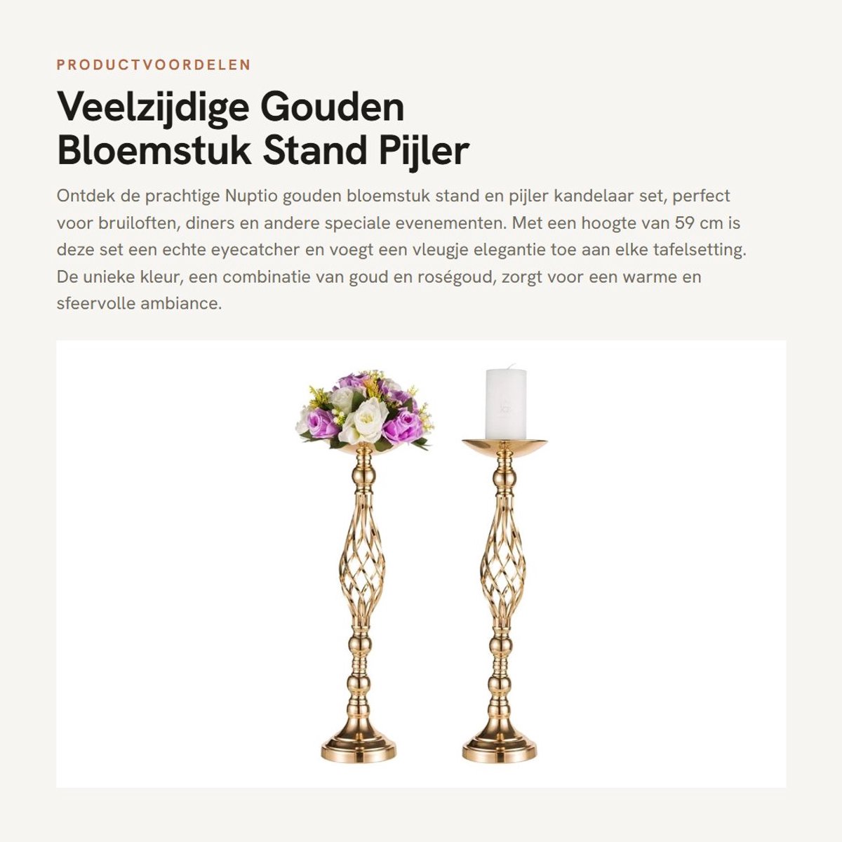 Dailygoods- Kandelaar Gouden Bloemstuk - 2 Stuks - 59cm Hoogte - Bruiloft/Evenement - Diner/Middelpunt - Eenvoudige Installatie - Kaarsenstandaard