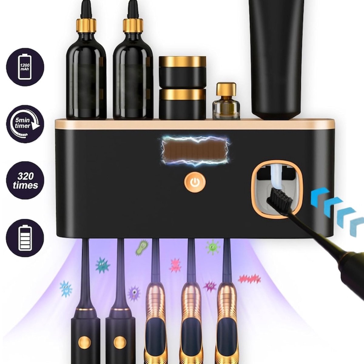 Tandenborstelhouder - UV-tandenborstelsterilisator - TENZHVXI® - 5 sleuven - 99,99% desinfectie-efficiëntie - Opladen via zonne-energie/USB - 1200mAh-batterij - Deksel aan de bovenkant voor opbergen - Eenvoudige installatie zonder boren - Zwart