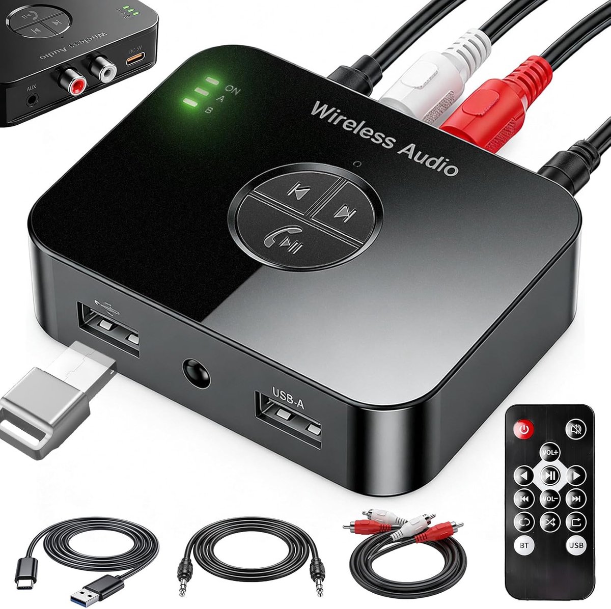 Bluetooth-adapter voor stereosysteem – Bluetooth 6.0-audioadapter – Bluetooth-zender met 3,5 mm AUX RCA-kabel – Bluetooth AUX-adapter met afstandsbediening – Audiozender met